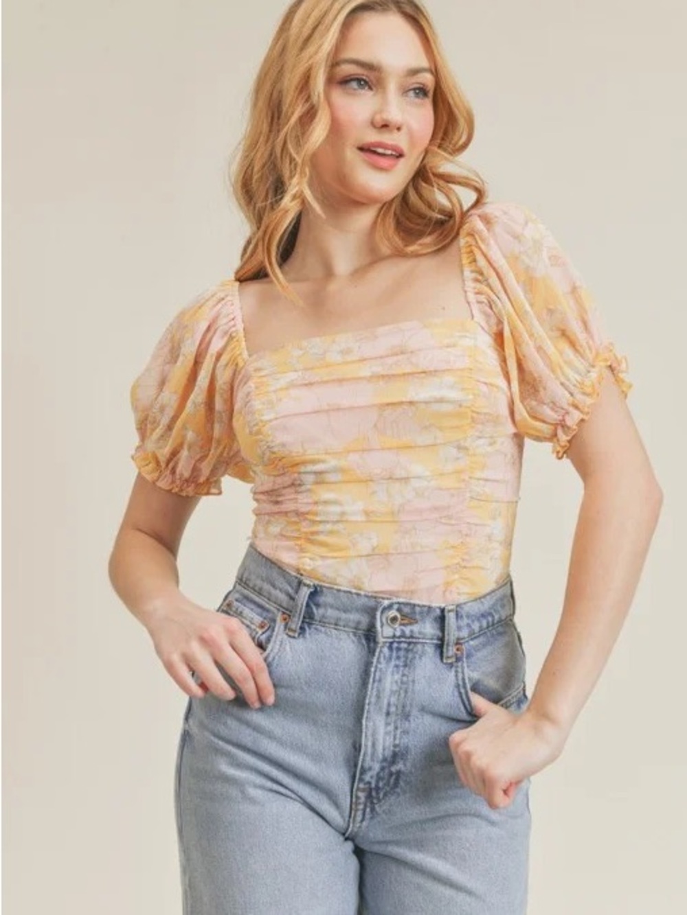 ◾️NEW! LUSH Smocked Square-Neck Puff Sleeve Top in Mango Pink